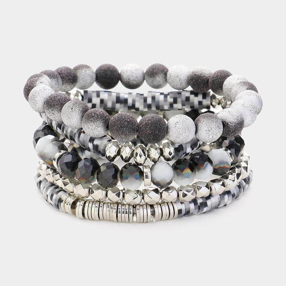 Black 5PCS Faceted Beads Heishi Beaded Multi Layered Bracelets - Jewelry Store by Erik Rayo
