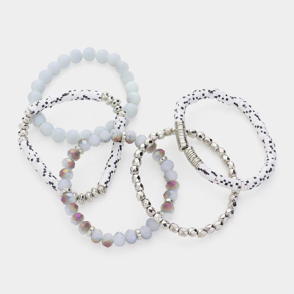 White 5PCS - Faceted Beads Heishi Beaded Multi Layered Bracelets - Jewelry Store by Erik Rayo