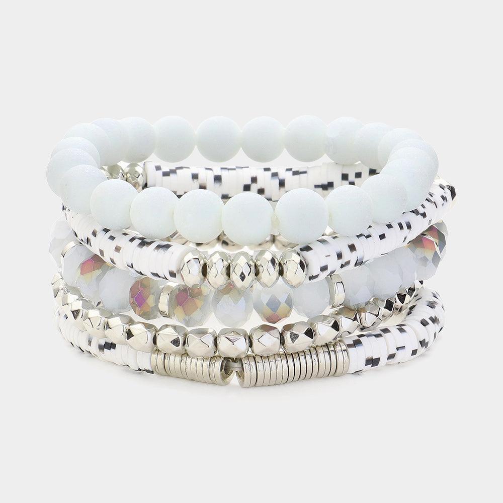 White 5PCS - Faceted Beads Heishi Beaded Multi Layered Bracelets - Jewelry Store by Erik Rayo