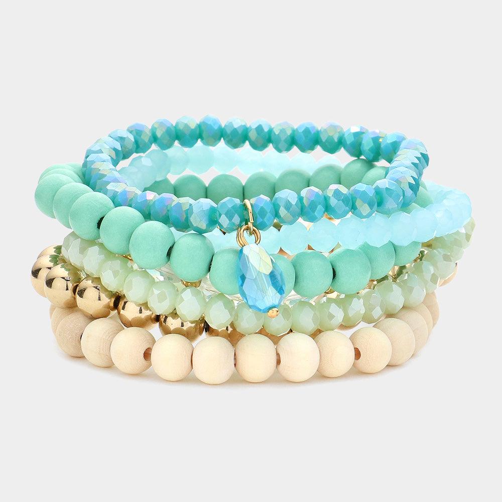 Turquoise 7PCS - Faceted Beads Wood Beaded Multi Layered Bracelets