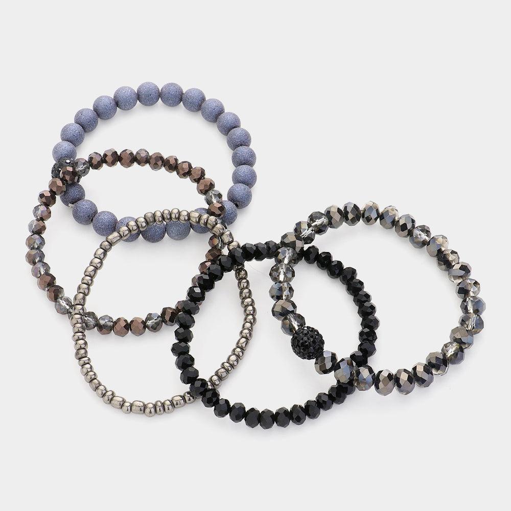 Black 5PCS Shamballa Ball Pointed Faceted Beaded Stretch Multi Layered Bracelets - Jewelry Store by Erik Rayo