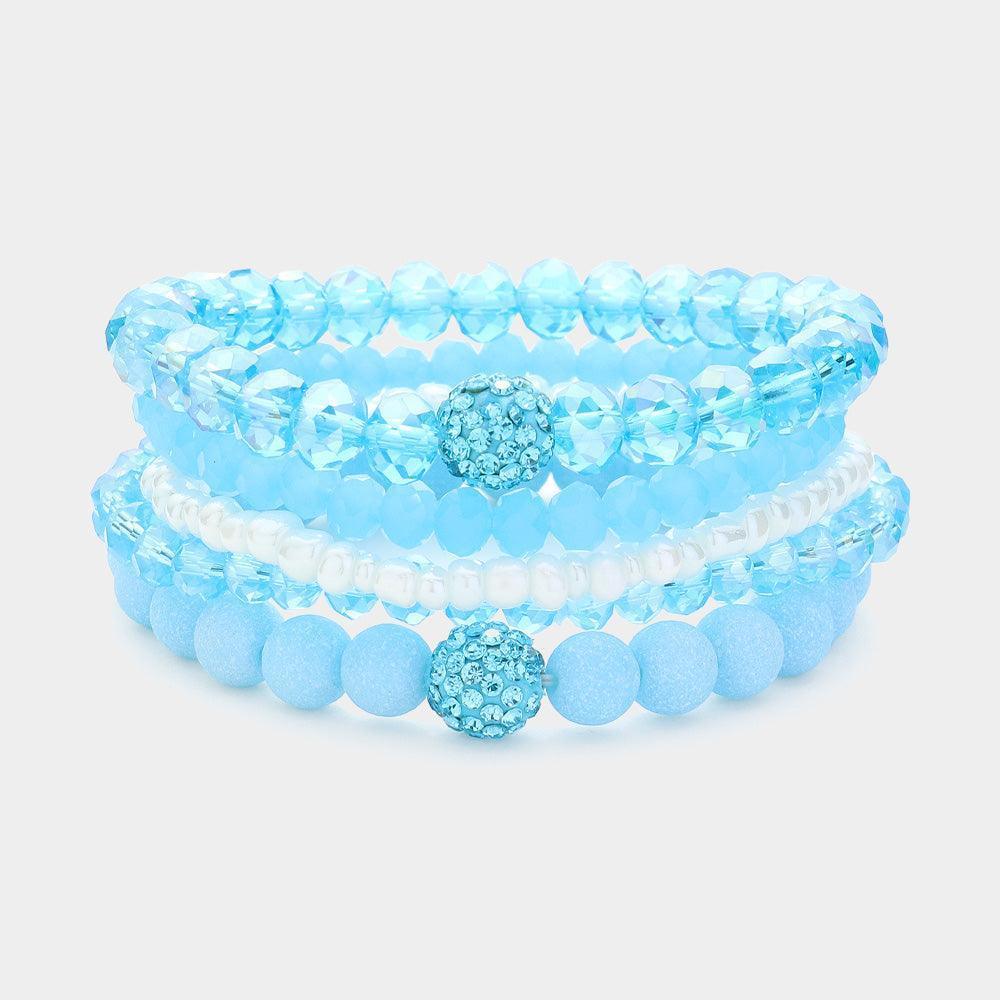 Blue 5PCS - Shamballa Ball Pointed Faceted Beaded Stretch Multi Layered Bracelets - Jewelry Store by Erik Rayo