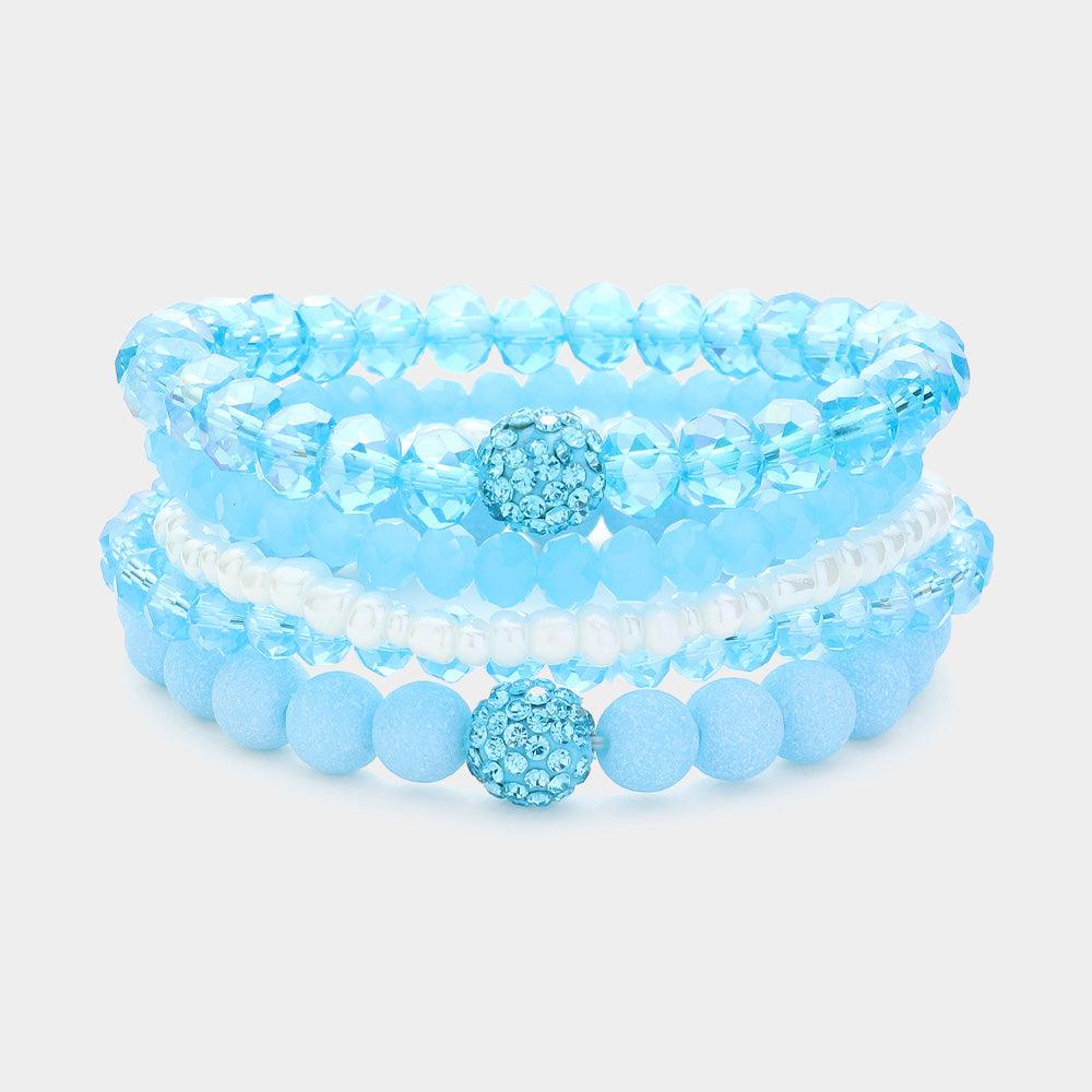 Blue 5PCS - Shamballa Ball Pointed Faceted Beaded Stretch Multi Layered Bracelets