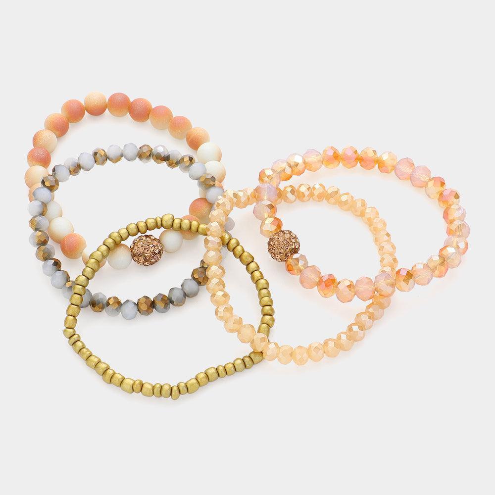 Brown 5PCS - Shamballa Ball Pointed Faceted Beaded Stretch Multi Layered Bracelets - Jewelry Store by Erik Rayo