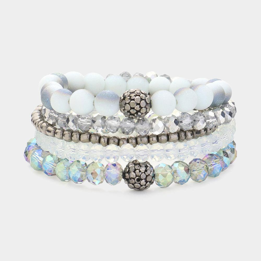 Clear 5PCS - Shamballa Ball Pointed Faceted Beaded Stretch Multi Layered Bracelets - Jewelry Store by Erik Rayo