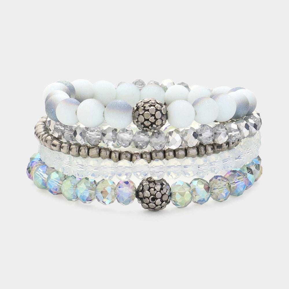 Clear 5PCS - Shamballa Ball Pointed Faceted Beaded Stretch Multi Layered Bracelets