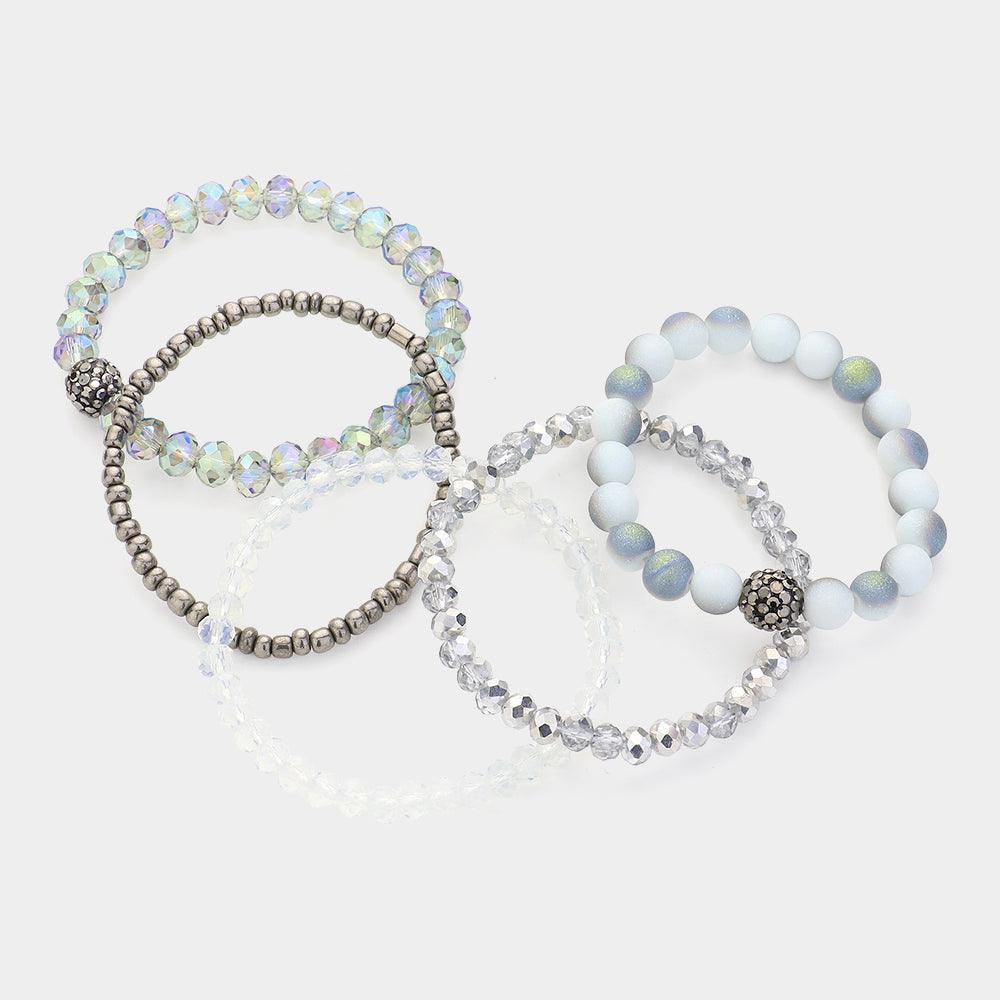 Clear 5PCS - Shamballa Ball Pointed Faceted Beaded Stretch Multi Layered Bracelets - Jewelry Store by Erik Rayo