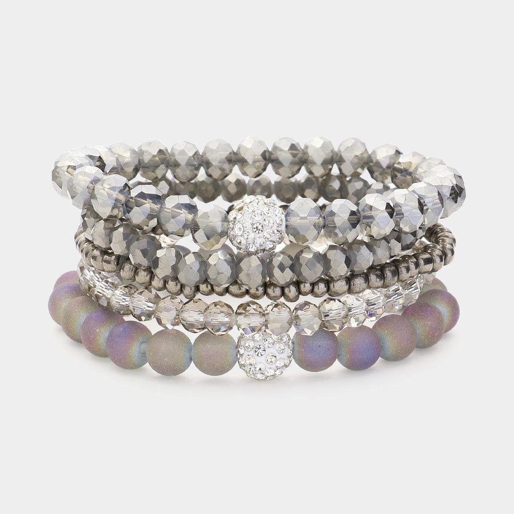 Silver 5PCS Shamballa Ball Pointed Faceted Beaded Stretch Multi Layered Bracelets - Jewelry Store by Erik Rayo