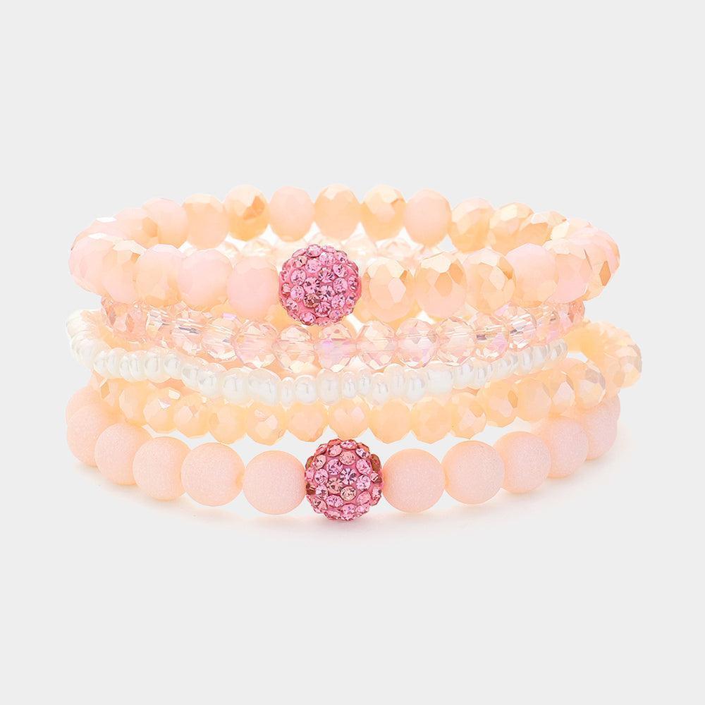 Pink 5PCS - Shamballa Ball Pointed Faceted Beaded Stretch Multi Layered Bracelets - Jewelry Store by Erik Rayo