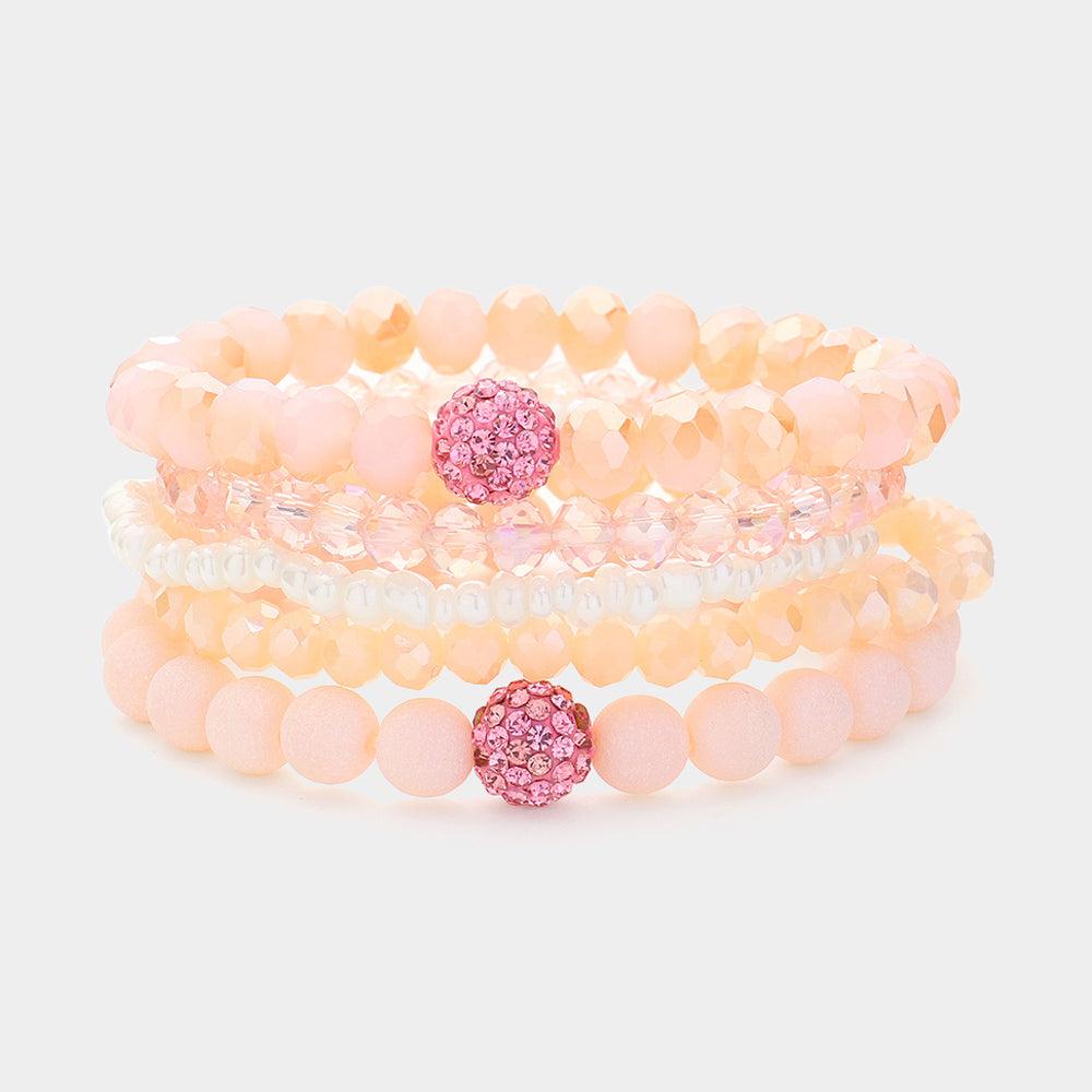 Pink 5PCS - Shamballa Ball Pointed Faceted Beaded Stretch Multi Layered Bracelets