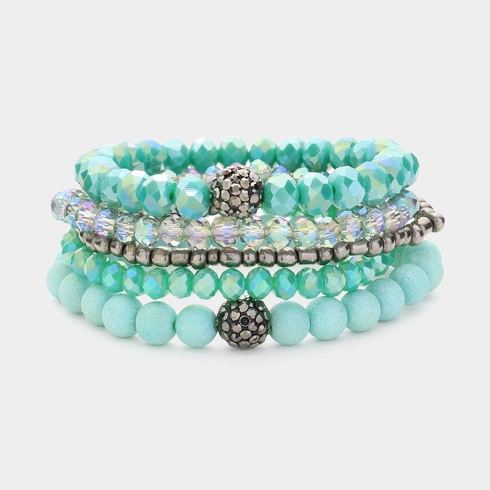 Turquoise 5PCS - Shamballa Ball Pointed Faceted Beaded Stretch Multi Layered Bracelets - Jewelry Store by Erik Rayo