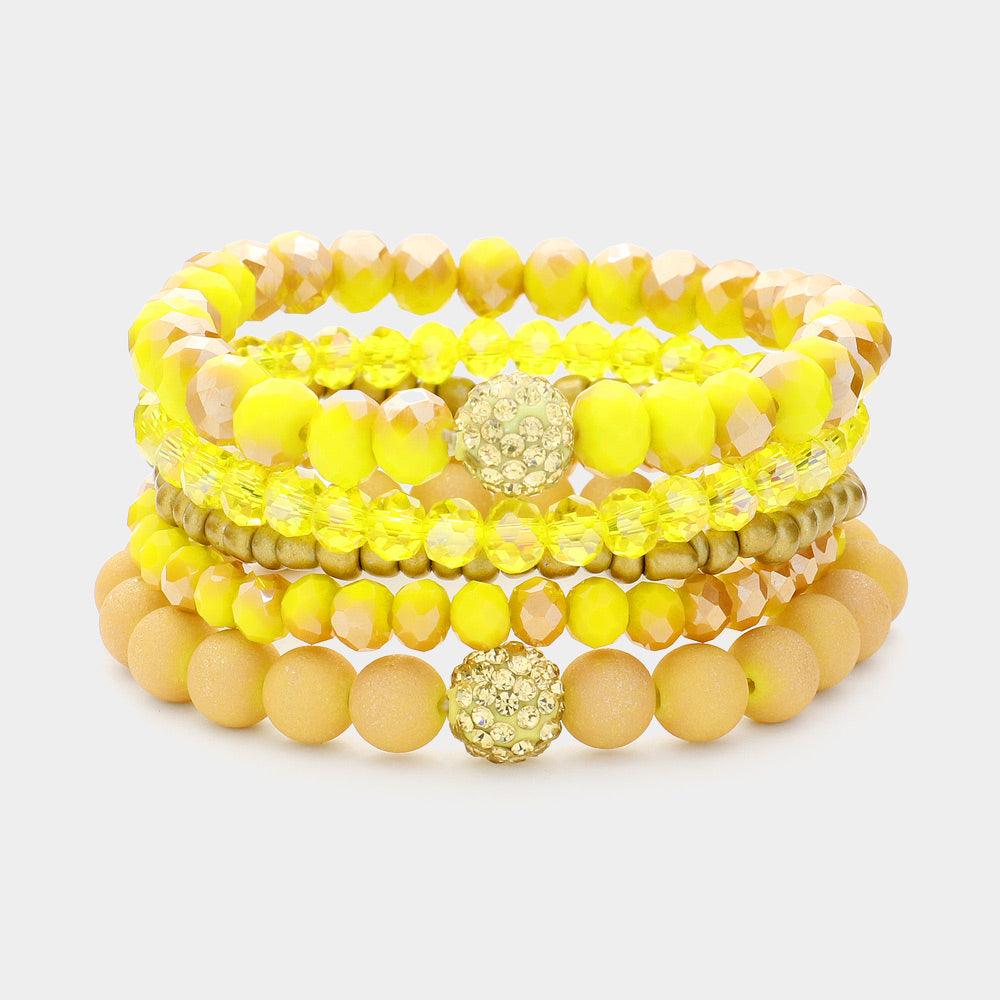 Yellow 5PCS - Shamballa Ball Pointed Faceted Beaded Stretch Multi Layered Bracelets