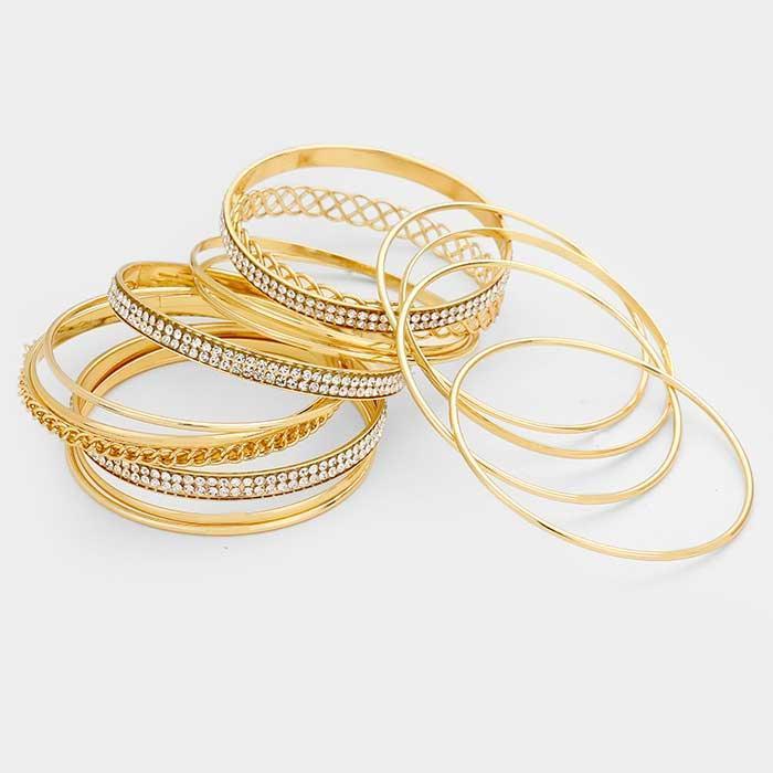 Gold 13PCS Rhinestone Cut Out Metal Bangle Layered Bracelets - Jewelry Store by Erik Rayo
