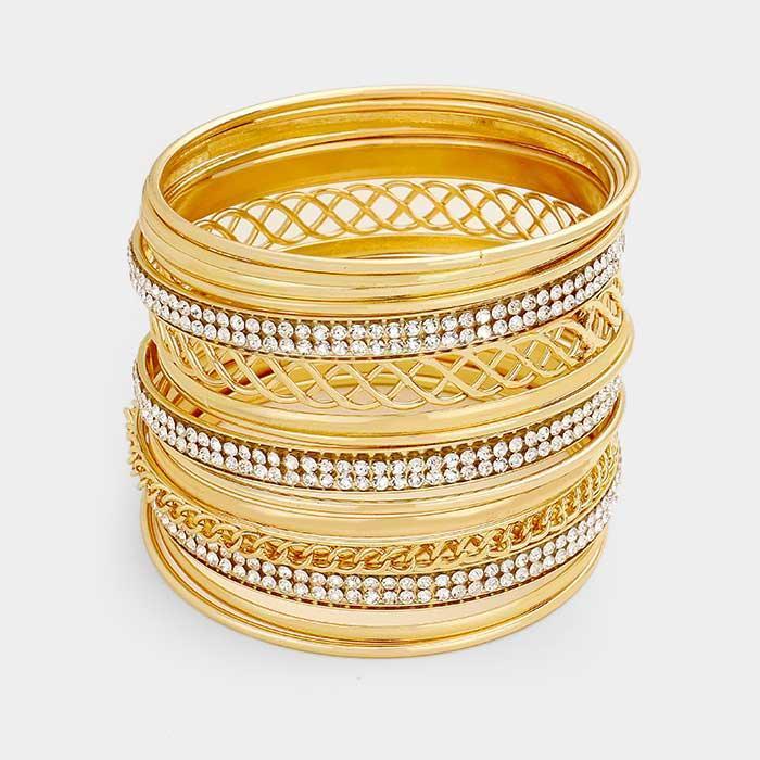 Gold 13PCS Rhinestone Cut Out Metal Bangle Layered Bracelets - Jewelry Store by Erik Rayo