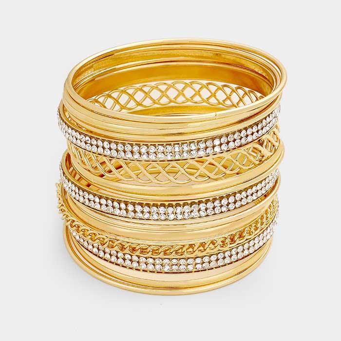 Gold 13PCS   Rhinestone Cut Out Metal Bangle Layered Bracelets