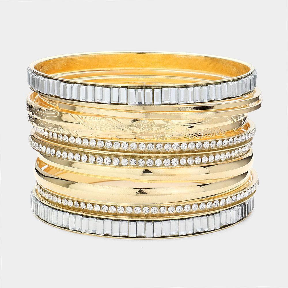 Clear 11PCS - Rhinestone Rectangular Stone Metal Bangle Bracelets - Jewelry Store by Erik Rayo