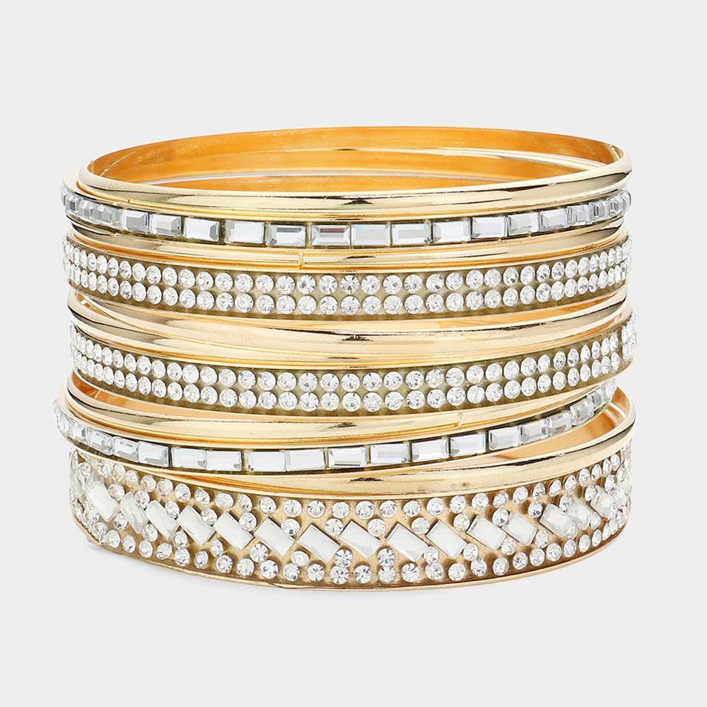 Clear 11PCS - Rhinestone Rectangular Stone Metal Bangle Bracelets - Jewelry Store by Erik Rayo