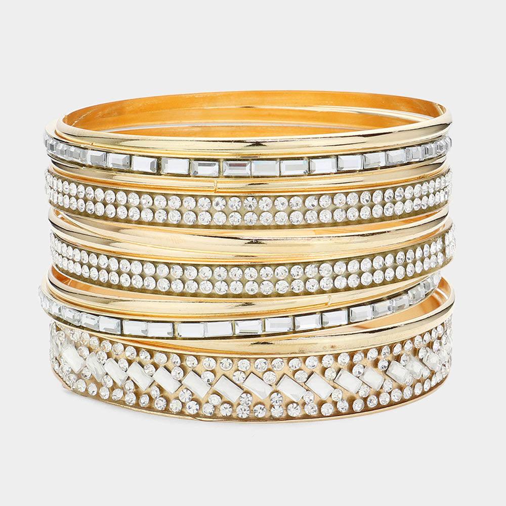 Clear 11PCS - Rhinestone Rectangular Stone Metal Bangle Bracelets