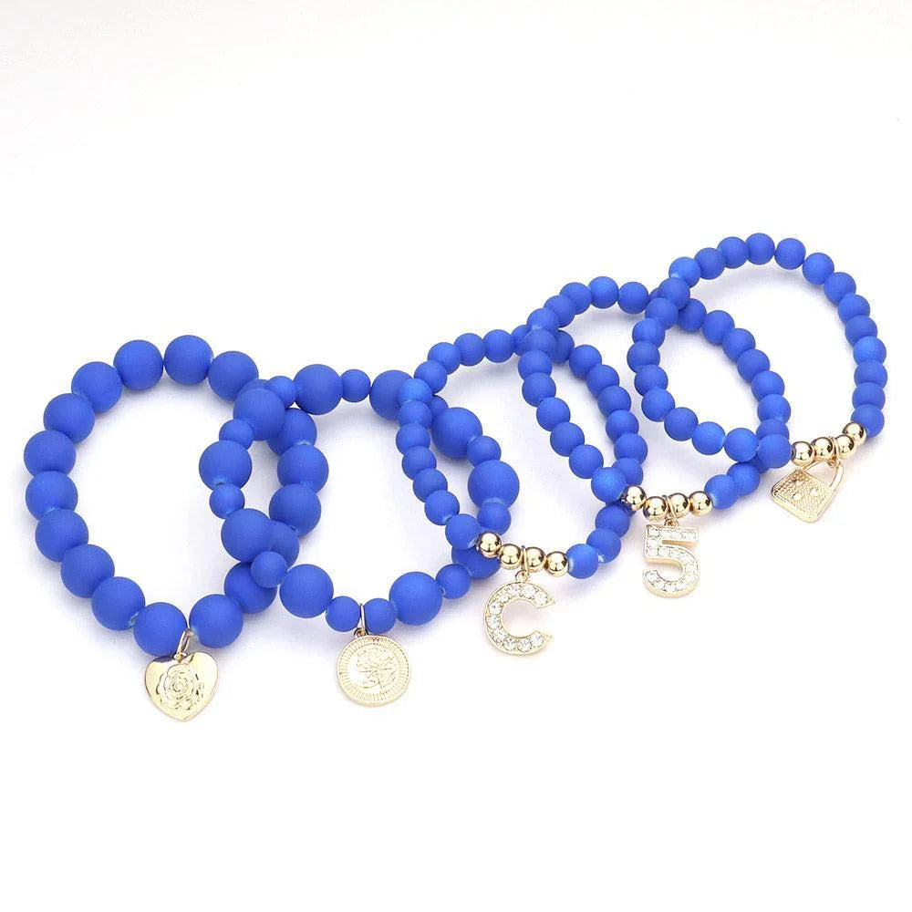 Blue 5PCS No. 5 Heart Lock Charm Beaded Stretch Bracelets - Jewelry Store by Erik Rayo