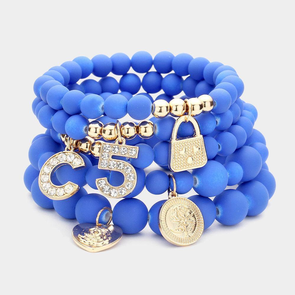 Blue 5PCS No. 5 Heart Lock Charm Beaded Stretch Bracelets - Jewelry Store by Erik Rayo