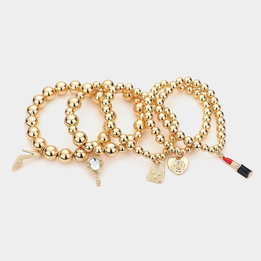 Gold 5PCS Flower Heart Hand Mirror Lipstick Stiletto Hill Tote Bag Charm Beaded Stretch Bracelets - Jewelry Store by Erik Rayo