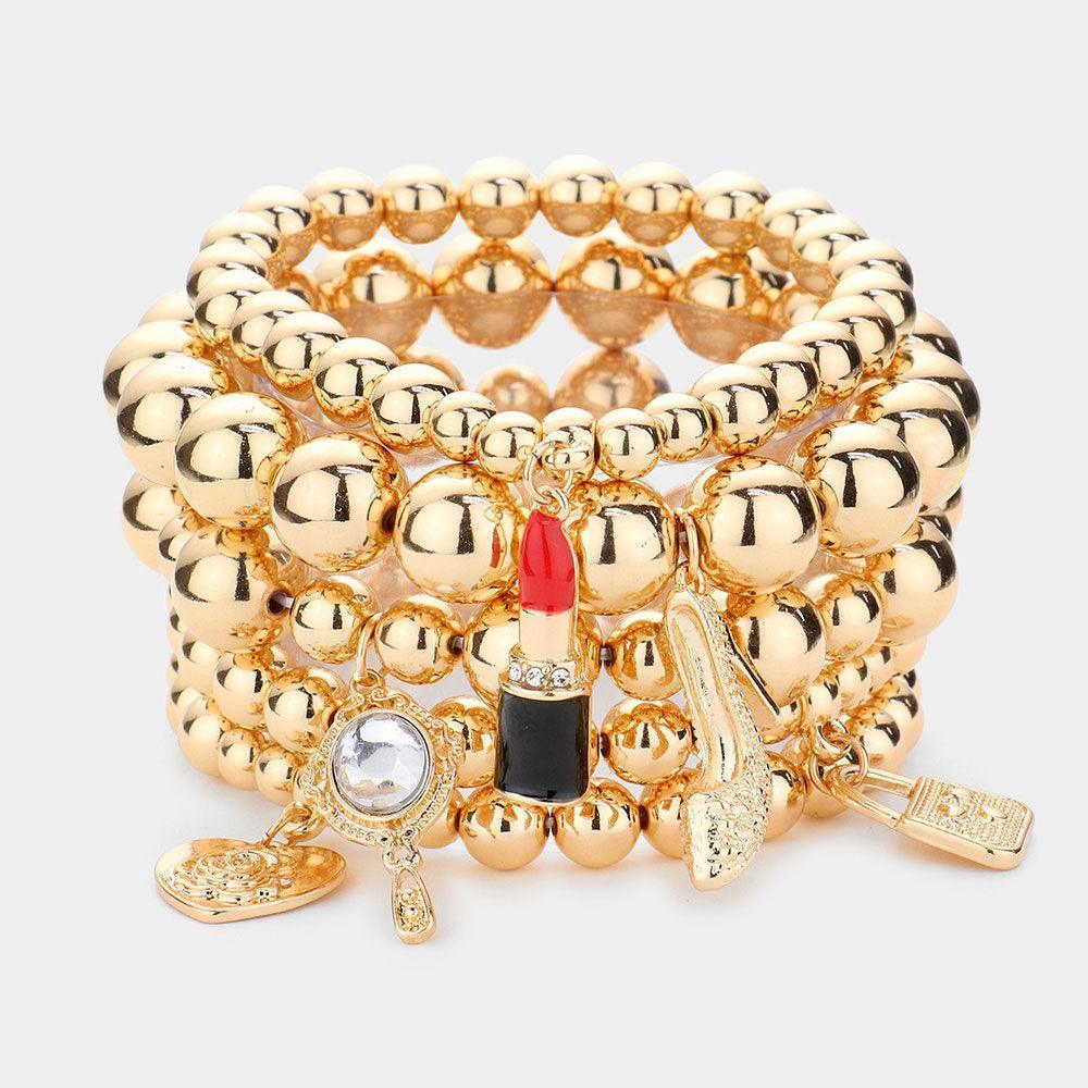 Gold 5PCS Flower Heart Hand Mirror Lipstick Stiletto Hill Tote Bag Charm Beaded Stretch Bracelets - Jewelry Store by Erik Rayo