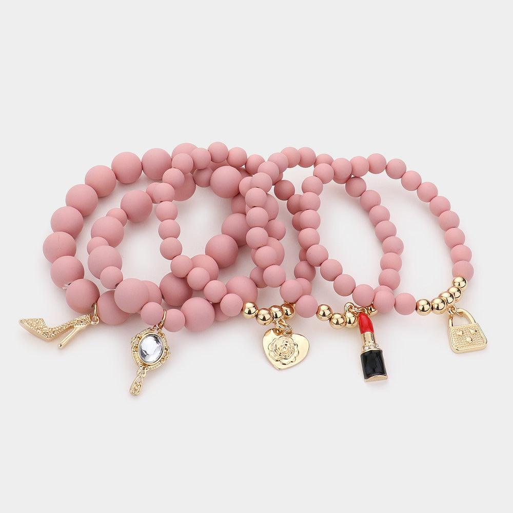 Pink 5PCS Flower Heart Hand Mirror Lipstick Stiletto Hill Tote Bag Charm Beaded Stretch Bracelets - Jewelry Store by Erik Rayo