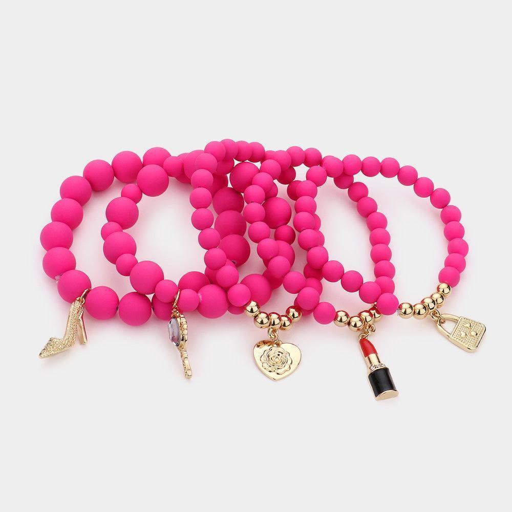 Fuchsia 5PCS Flower Heart Hand Mirror Lipstick Stiletto Hill Tote Bag Charm Beaded Stretch Bracelets - Jewelry Store by Erik Rayo