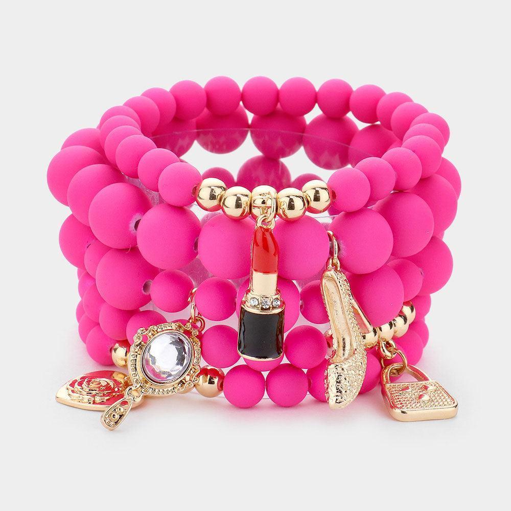 Fuchsia 5PCS Flower Heart Hand Mirror Lipstick Stiletto Hill Tote Bag Charm Beaded Stretch Bracelets - Jewelry Store by Erik Rayo