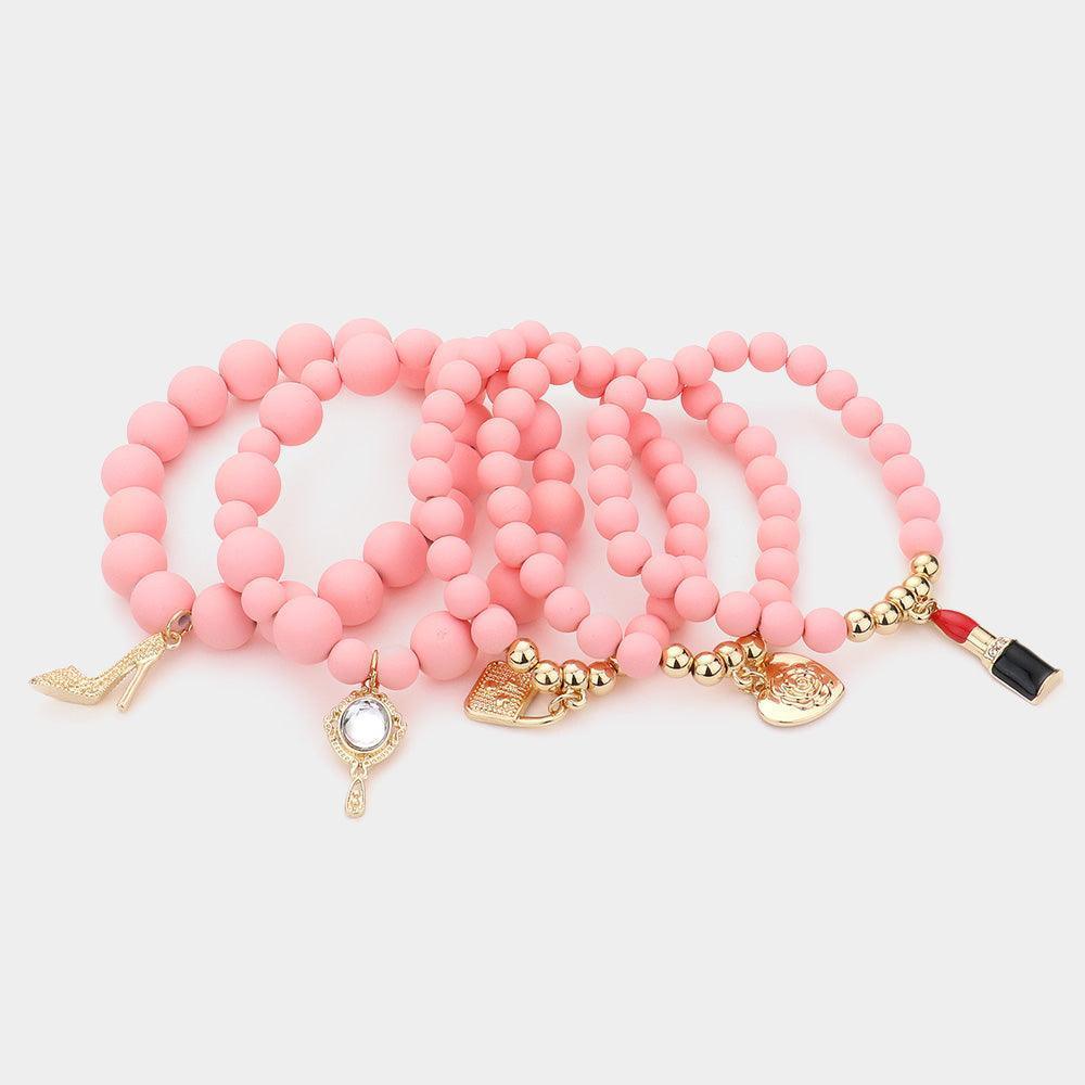 Pink 5PCS Flower Heart Hand Mirror Lipstick Stiletto Hill Tote Bag Charm Beaded Stretch Bracelets - Jewelry Store by Erik Rayo