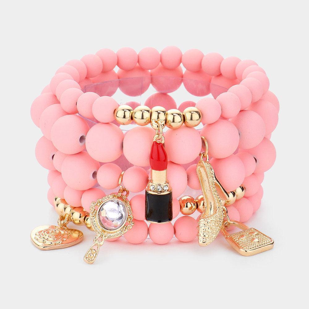 Pink 5PCS Flower Heart Hand Mirror Lipstick Stiletto Hill Tote Bag Charm Beaded Stretch Bracelets - Jewelry Store by Erik Rayo