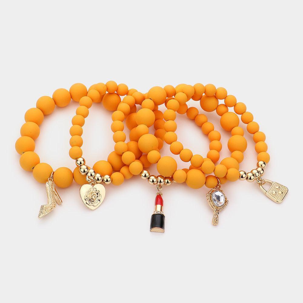 Mustard 5PCS Flower Heart Hand Mirror Lipstick Stiletto Hill Tote Bag Charm Beaded Stretch Bracelets - Jewelry Store by Erik Rayo