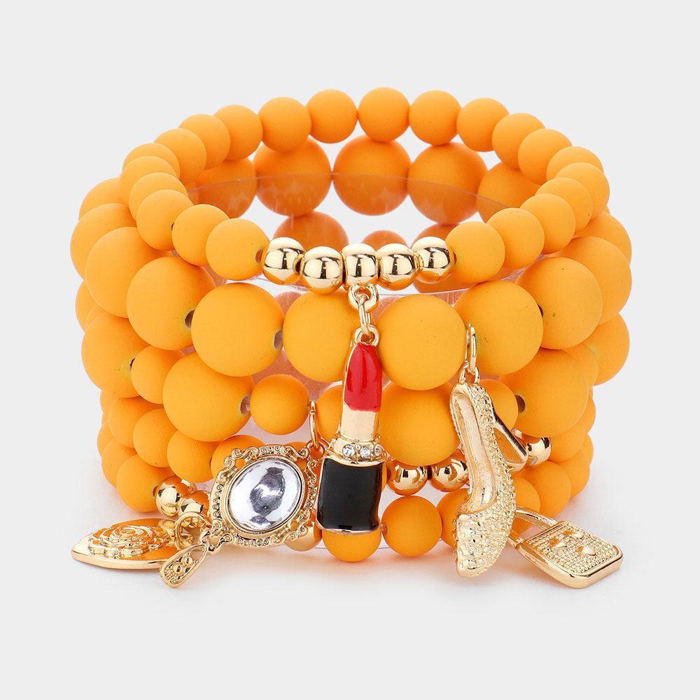 Mustard 5PCS Flower Heart Hand Mirror Lipstick Stiletto Hill Tote Bag Charm Beaded Stretch Bracelets - Jewelry Store by Erik Rayo