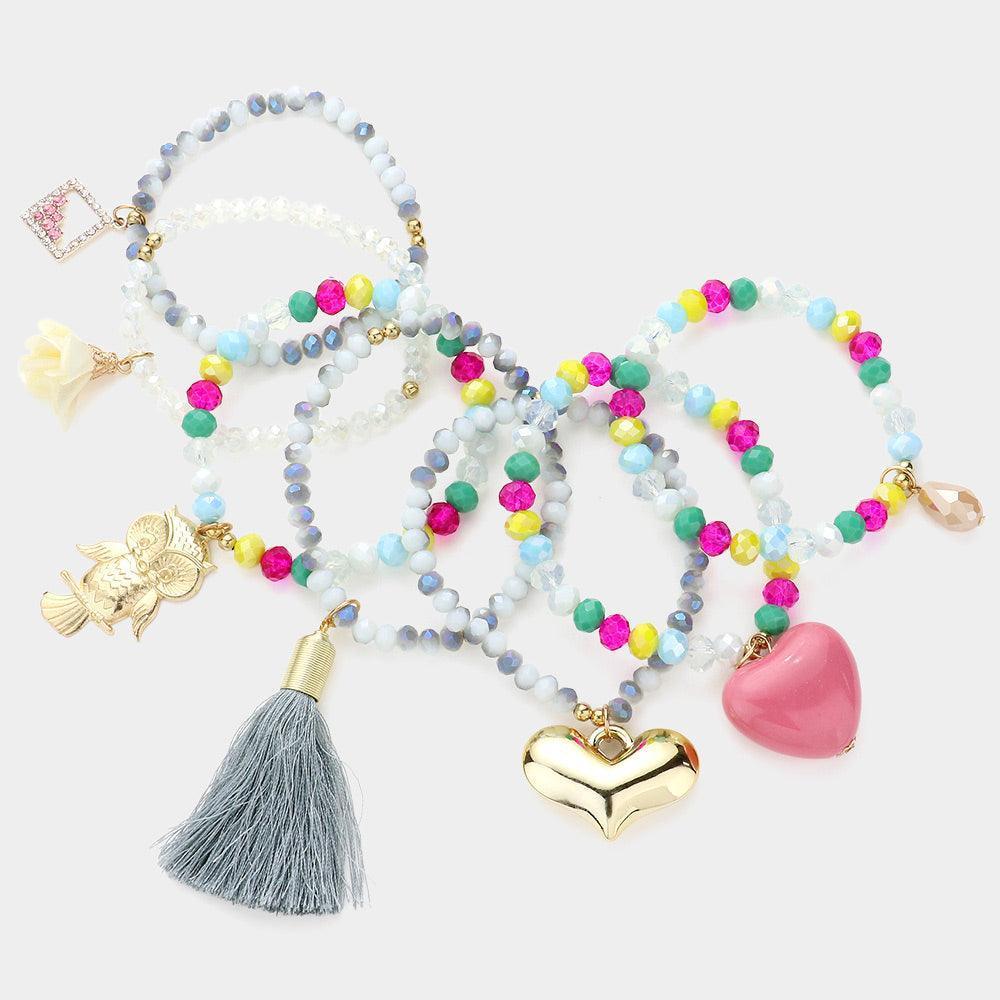 7PCS - Heart Owl Flower Tassel Faceted Beaded Stretch Bracelets - Jewelry Store by Erik Rayo