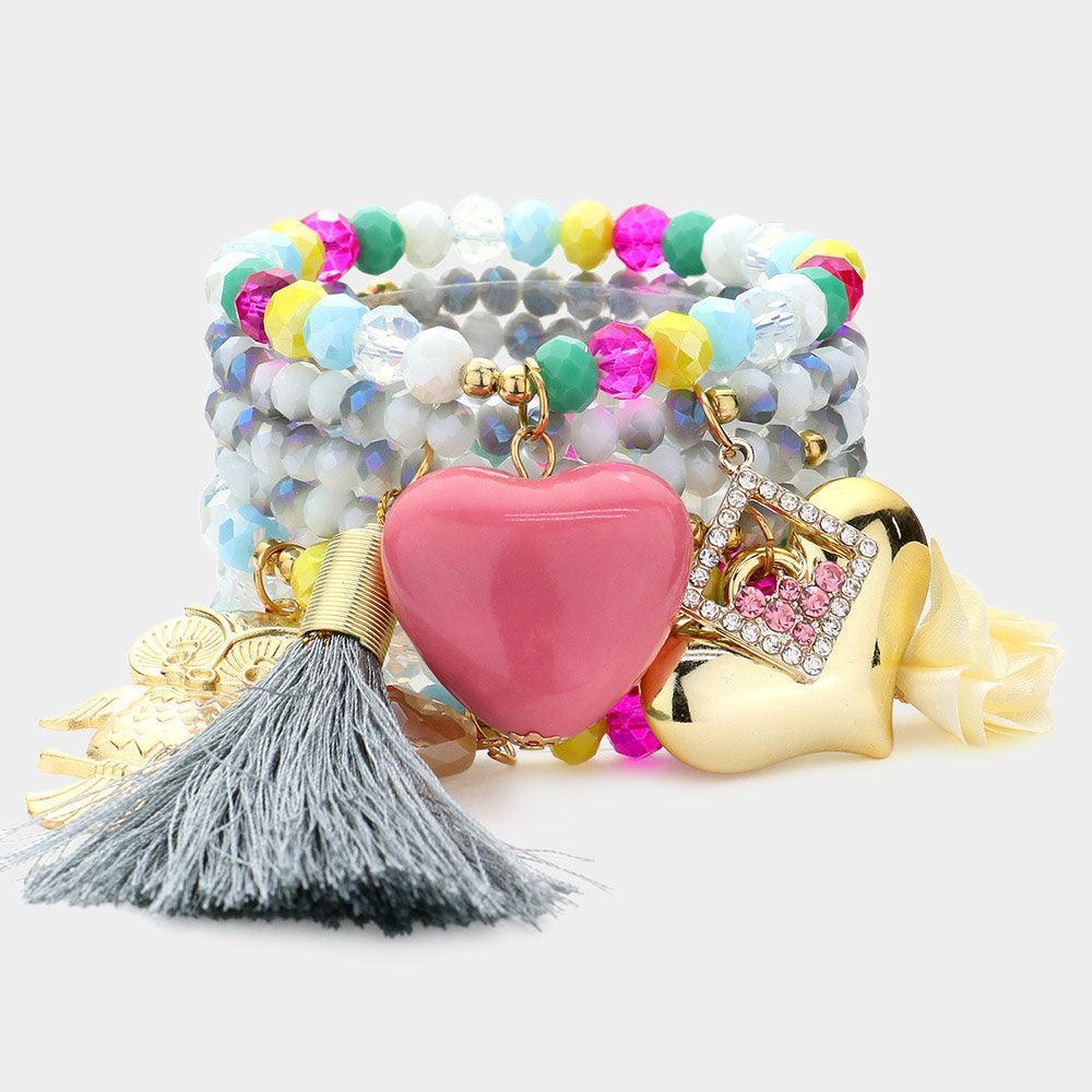 7PCS - Heart Owl Flower Tassel Faceted Beaded Stretch Bracelets - Jewelry Store by Erik Rayo
