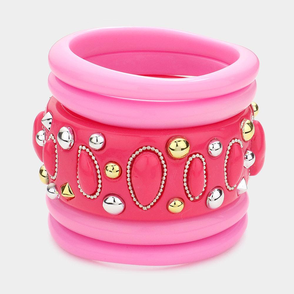 Pink 5PCS - Metal Embellished Resin Bangle Bracelets