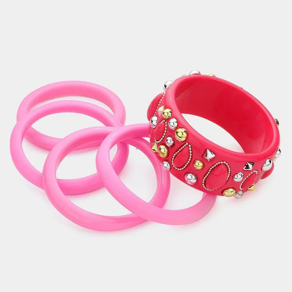 Pink 5PCS - Metal Embellished Resin Bangle Bracelets - Jewelry Store by Erik Rayo