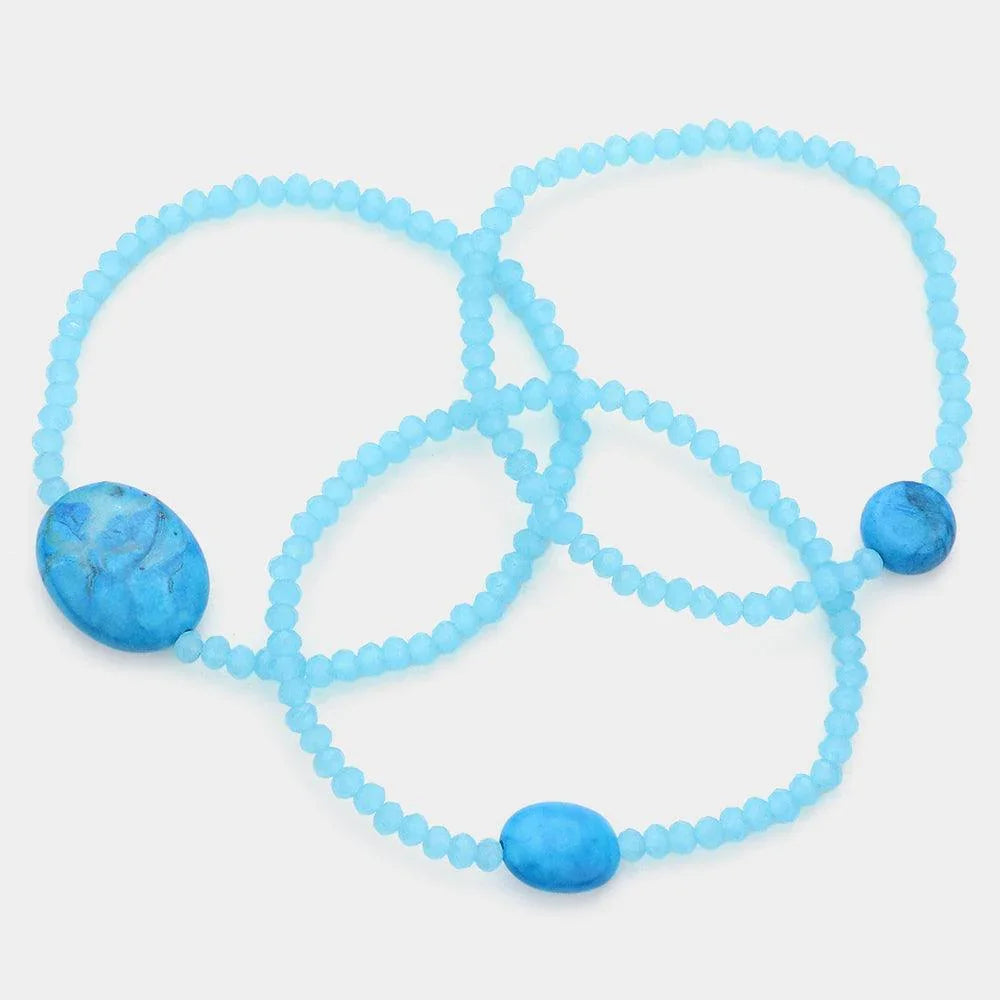 Turquoise 3PCS Semi Precious Stone & Glass Bead Stack Stretch Multi Layered Bracelets - Jewelry Store by Erik Rayo