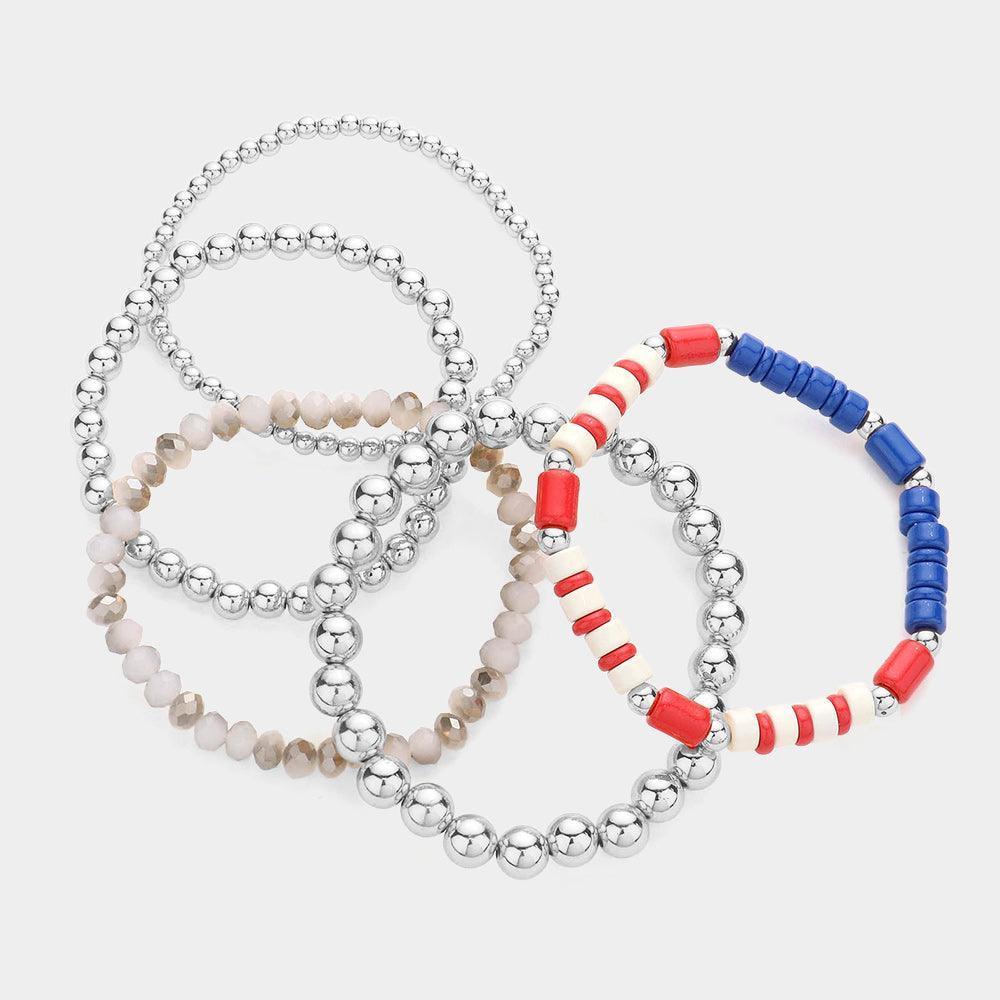 5PCS - Metal Ball American USA Flag Beaded Stretch Bracelets - Jewelry Store by Erik Rayo
