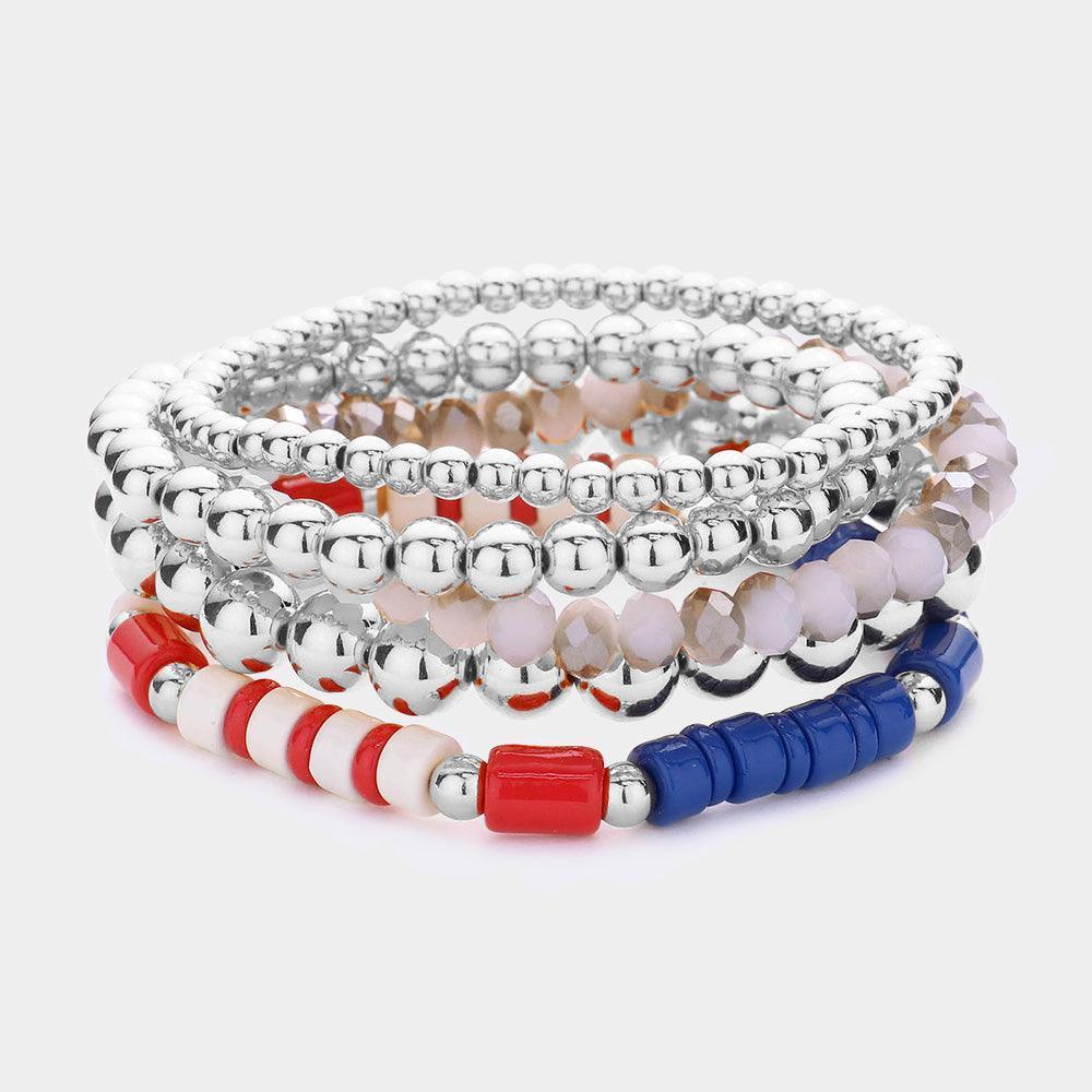 5PCS - Metal Ball American USA Flag Beaded Stretch Bracelets - Jewelry Store by Erik Rayo