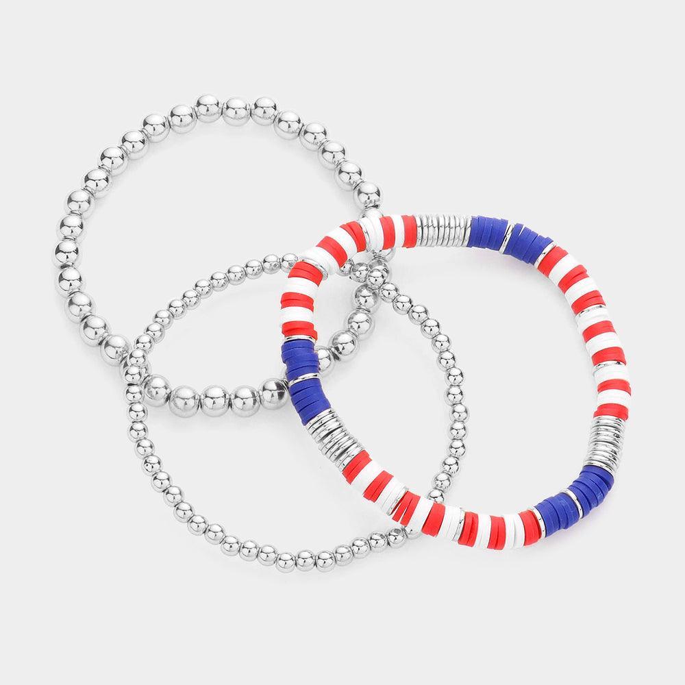 3PCS - Metal Ball American USA Flag Beaded Stretch Bracelets