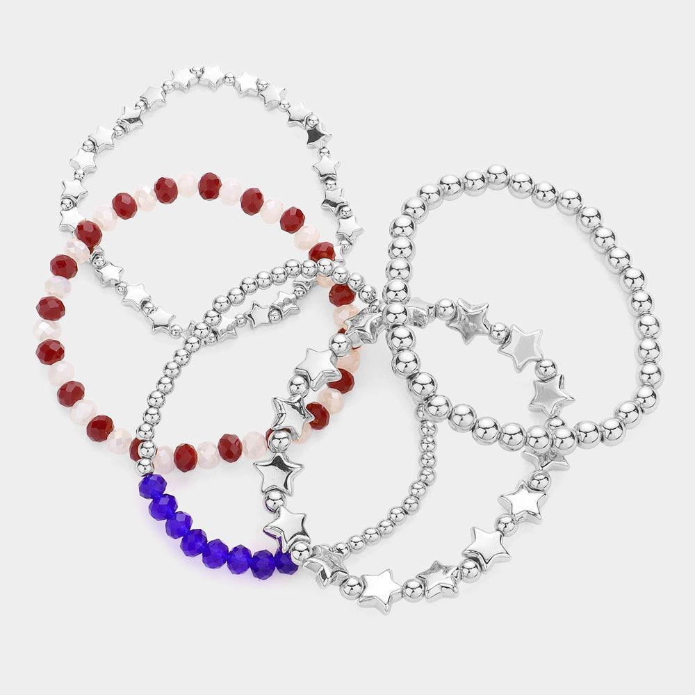 5PCS - Metal Ball American USA Flag Beaded Stretch Bracelets - Jewelry Store by Erik Rayo