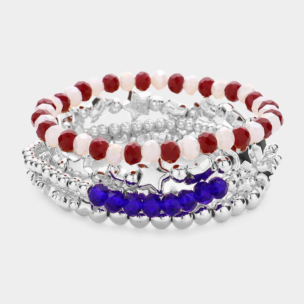 5PCS - Metal Ball American USA Flag Beaded Stretch Bracelets - Jewelry Store by Erik Rayo