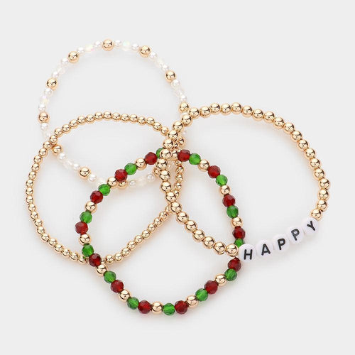 4PCS - Happy Message Pearl Metal Ball Faceted Beaded Stretch Bracelets - Jewelry Store by Erik Rayo