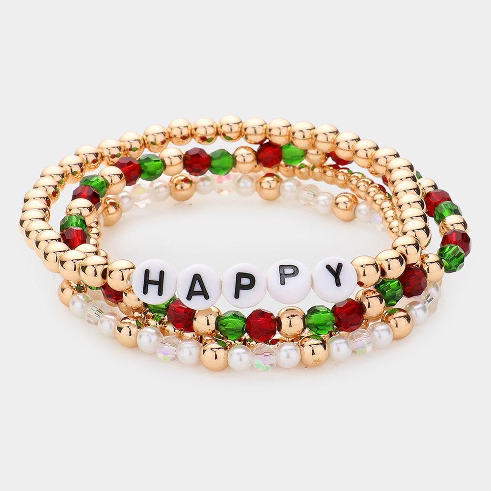 4PCS - Happy Message Pearl Metal Ball Faceted Beaded Stretch Bracelets - Jewelry Store by Erik Rayo