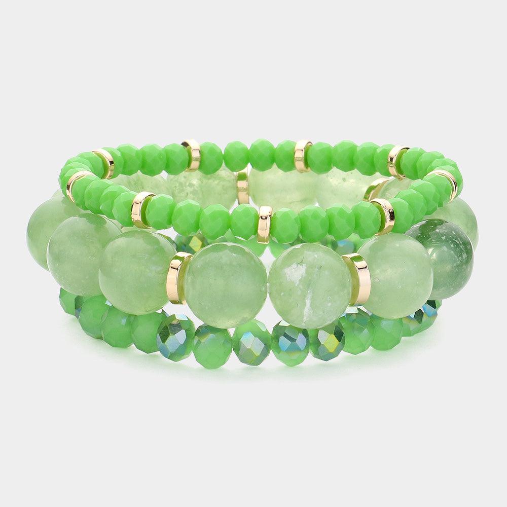 Green 3PCS - Round Beads Faceted Beaded Multi Layered Bracelets