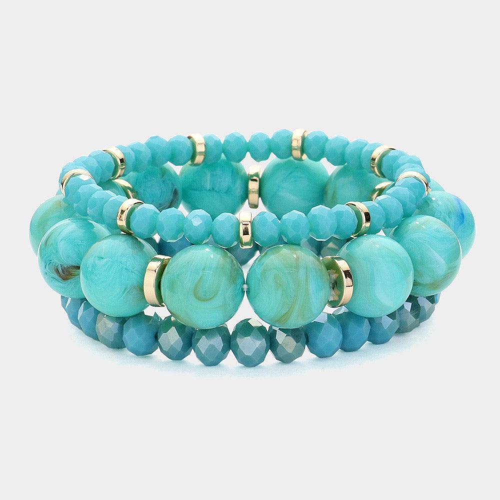 Turquoise 3PCS - Round Beads Faceted Beaded Multi Layered Bracelets - Jewelry Store by Erik Rayo