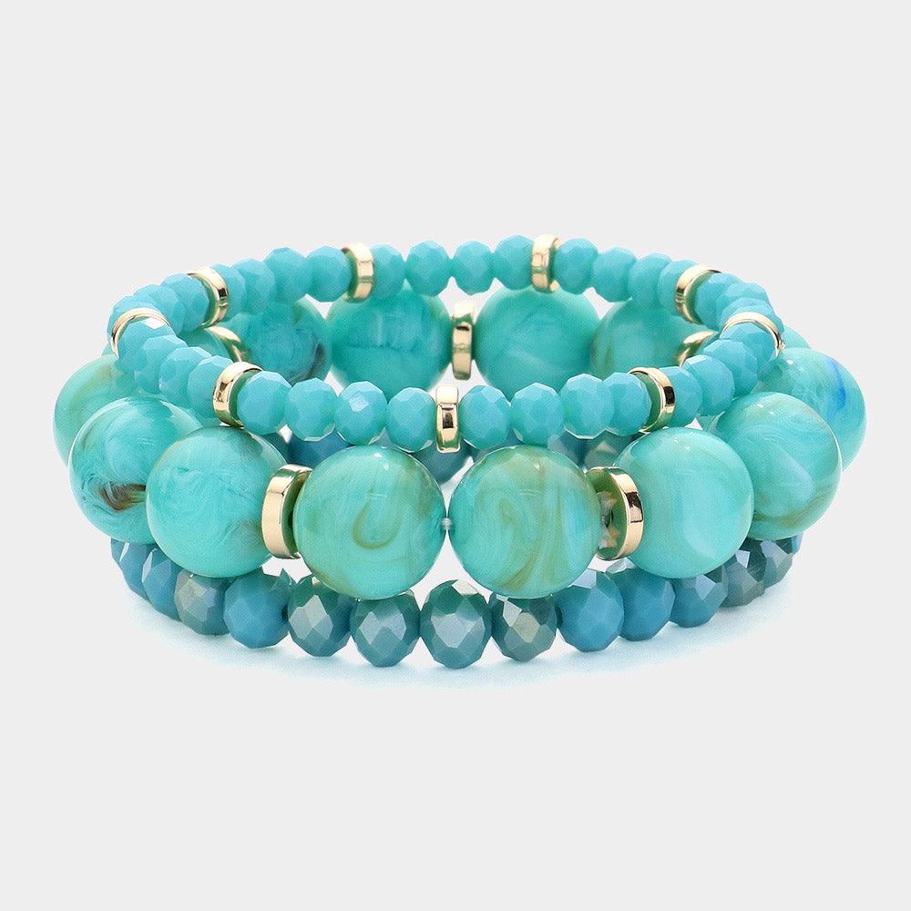 Turquoise 3PCS - Round Beads Faceted Beaded Multi Layered Bracelets