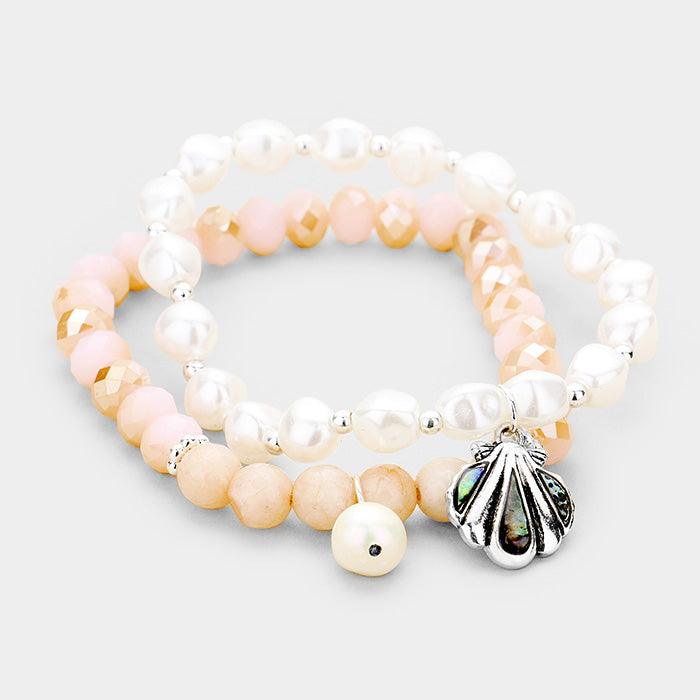 Silver 2PCS Freshwater Pearl Abalone Shell Charm Stretch Bracelet