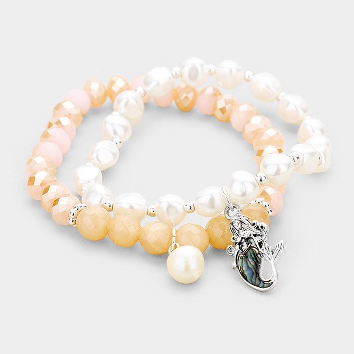 Silver 2PCS Freshwater Pearl Abalone Mermaid Charm Stretch Bracelet